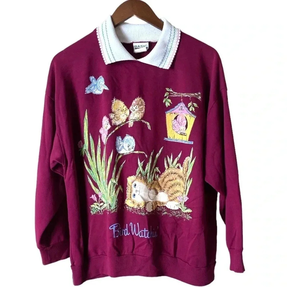 BASIC EDITIONS | Vintage 90s Bird Watching Collared Burgundy Sweatshirt Size XL
